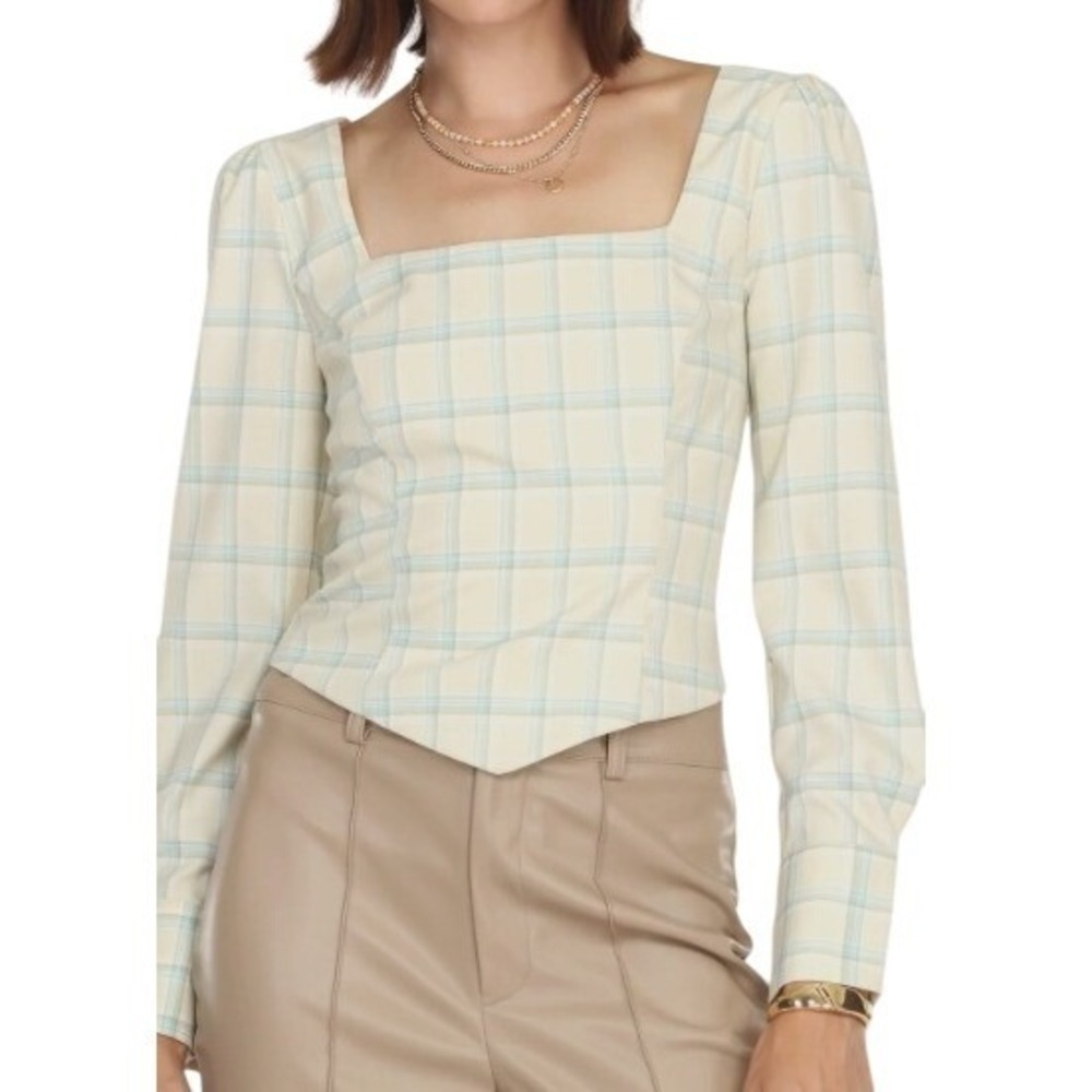 Greylin Cream Mint Plaid Square-Neck Crop Blouse Top M Light Academia Consign